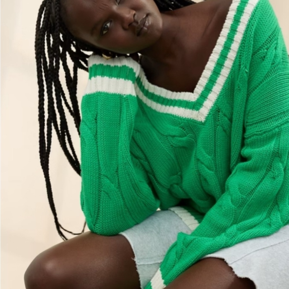Aerie Green and White V-Neck Cable Knit Sweater